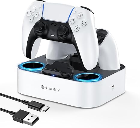 Amazon.co.jp: NEWDERY PS5 コントローラー 充電スタンド 急速充電 2台同時充電可能 置くだけ充電可能 過充電防止 USB-Cケーブル付属 LED指示ランプ付き ホワイト : ゲーム